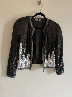 Vintage 80s MODI 100% Silk Sequin Beaded NYC Skyline Open Jacket Small | Glam